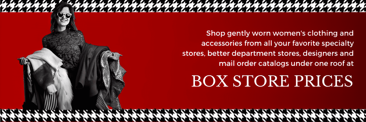 Woman with clothing, text on red background