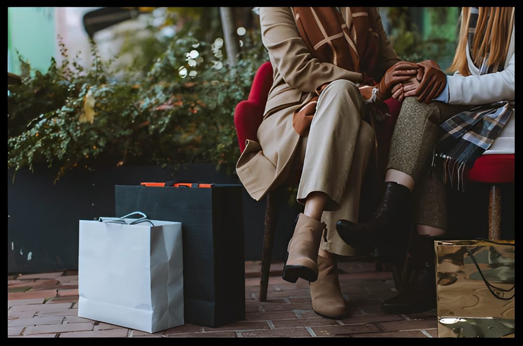 Shopping bags beside two seated people